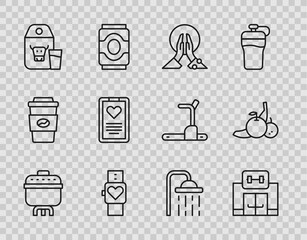 Set line Cooking pot, Gym building, Meditation, Smart watch, Paper package for milk, Medical clipboard, Shower head and Fruit icon. Vector
