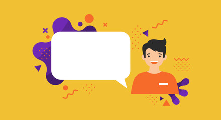Friendly male avatar with an empty speech bubble on a vibrant yellow background, perfect for showcasing messages, customer reviews, or announcements in digital design.