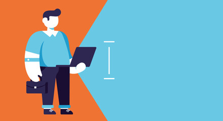 Business professional with laptop and briefcase, standing against a split background with copy space. Represents work, technology, and decision-making.