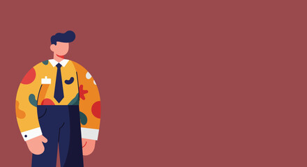 Modern flat illustration of a friendly male professional in a patterned shirt and tie, ideal for business concepts, customer service, or employee representation with copy space.