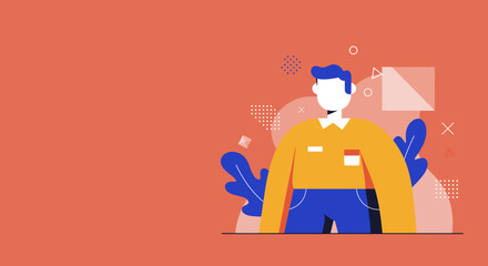 Modern flat design illustration of a friendly male character on a coral background, surrounded by abstract elements. Ideal for business, technology, or lifestyle concepts.