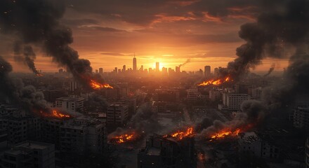 Apocalyptic Cityscape Burning Under a Fiery Sunset During a Cataclysmic Event