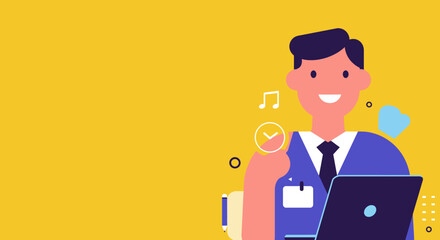 Smiling businessman uses laptop, holding a clock icon. Represents efficient work, productivity, and professional success. Ideal for business, education, or technology themes.