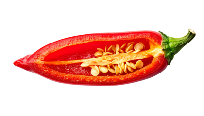 Red chili pepper half lengthwise packed with many seeds and vivid glossy flesh on isolated background