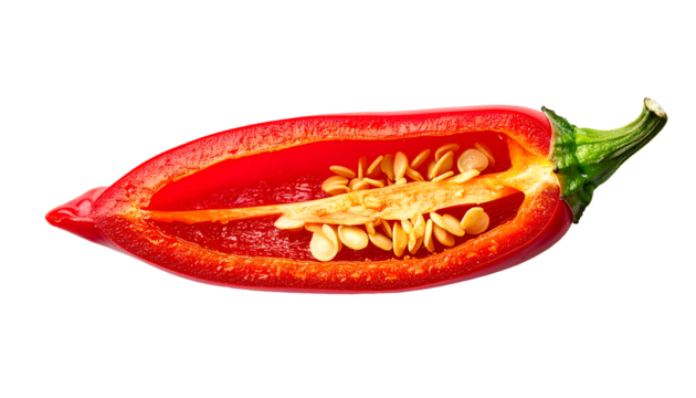 Red chili pepper half lengthwise packed with many seeds and vivid glossy flesh on isolated background