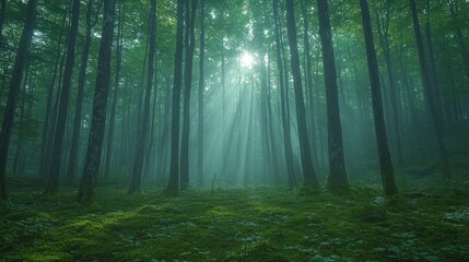 Fototapeta premium Ethereal light through verdant trees in a lush, green forest