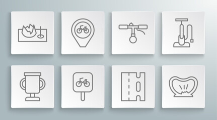 Set line Award cup with bicycle, Location, Bicycle parking, lane, punctured tire, handlebar, air pump and street ramp icon. Vector