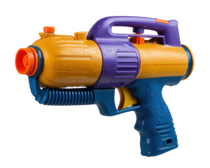 Colorful water gun toy with orange, purple, and blue plastic body, isolated on transparency background, showing straight side view and wet surface, perfect for summer outdoor fun