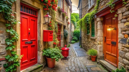 Fototapeta premium A quaint alleyway lined with charming shops and cafes, leading up to a bright red door with a matching mailbox, charming alleyway, rustic charm