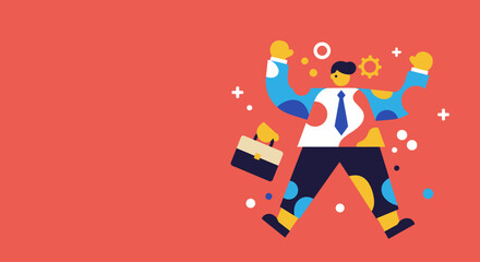 Dynamic businessman celebrating success with raised arms and a briefcase, symbolizing achievement, motivation, and positive business growth. Corporate concept.