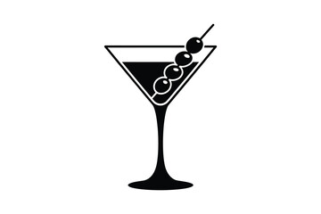 Classic martini cocktail with olives garnished on a skewer in a glass