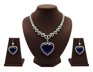 Blue heart shaped diamond necklace and earrings set isolated on transparent background