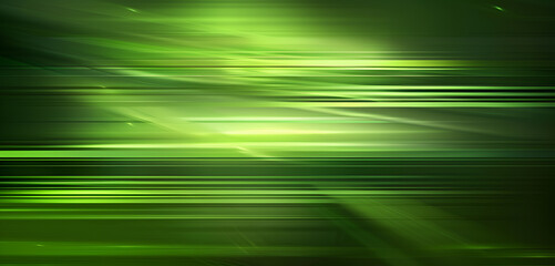 Dynamiczne, abstrakcyjne zielone tło z poziomymi smugami światła. Koncepcja technologii, energii i ekologicznej innowacji.