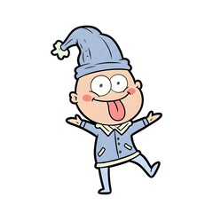 Fototapeta premium A cartoon illustration of a man with a blue hat and a blue outfit, sticking out his tongue and making a funny face, set against a white background with a blue border.