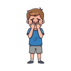 A young boy with brown hair, wearing a blue t-shirt and gray shorts, is standing with his hands on his face, appearing to be in distress or crying.