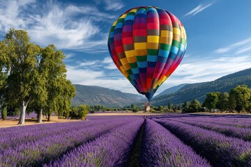 Obraz premium Colorful hot air balloon floating over lavender fields in summer