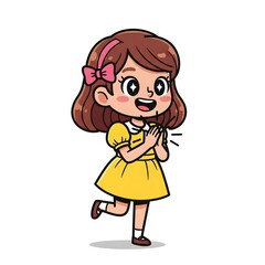 A young girl in a yellow dress with a pink bow, standing and clapping her hands, with a white background and a shadow on the ground.