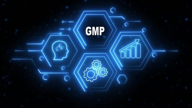 Abstract neon Hud knowledge ability business gear icon Glowing neon line concept. Glowing "GMP" button in German on a futuristic, abstract wave technology on black background.