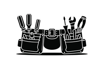 Black and white illustration of a tool belt filled with various hand tools