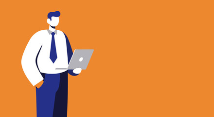 Professional businessman in flat vector style, holding a laptop against a vibrant orange background, representing modern work, technology, and digital communication.