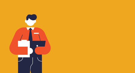 Professional man in a business shirt and tie, holding documents against a vibrant orange background. Ideal for business, corporate, or educational themes.