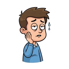 Fototapeta premium A cartoon illustration of a young boy with brown hair, wearing a blue shirt, holding his cheek with his hand, and looking distressed or sad.
