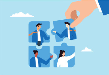 Businessman hand assembling puzzle of diverse people concept diversity inclusion and creating cohesive workforce