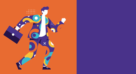 A vibrant illustration of a stylish businessman walking dynamically with a briefcase, symbolizing progress, innovation, and success in a modern professional world.