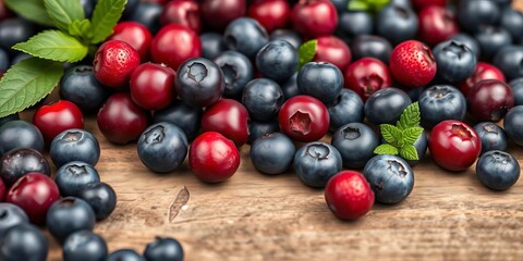 Close-up of vibrant, plump blueberries scattered on a rustic wooden surface, recipe, garnish