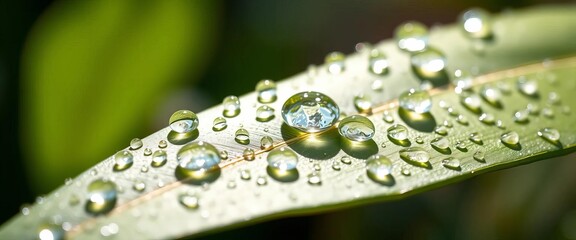 Close-up of water droplets on a leaf, glistening in sunlight,  nature,  shiny