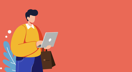 Illustrated man using a laptop, standing with a briefcase against a red background. Represents business, remote work, technology, and online productivity.