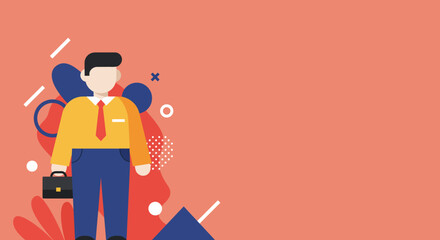 Professional businessman illustration holding a briefcase with a vibrant abstract geometric background. Represents concepts of career, success, and corporate growth.