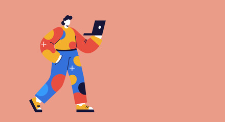 Modern illustration of a person walking casually while using a laptop. Represents remote work, mobile productivity, and digital lifestyle. Ideal for technology, business, or casual concepts.