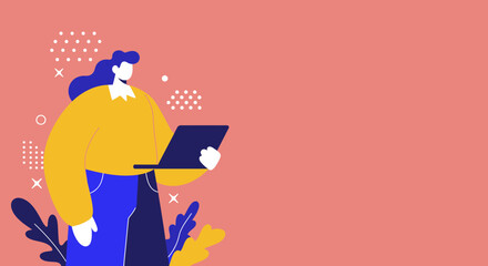 Modern illustration of a person working on a laptop, symbolizing remote work, online learning, or digital communication. Ideal for technology and business concepts.