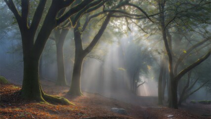 Obraz premium Sunbeams piercing through a misty forest canopy light rays.