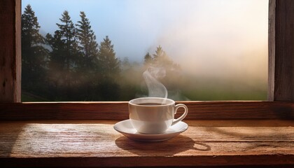 a steaming cup of coffee sits on a wooden table by a foggy window creating a cozy atmosphere