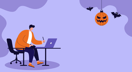 Professional man works on laptop with stylus, amidst subtle Halloween decorations like a jack-o'-lantern and bats. Ideal for holiday remote work or creative design concepts.