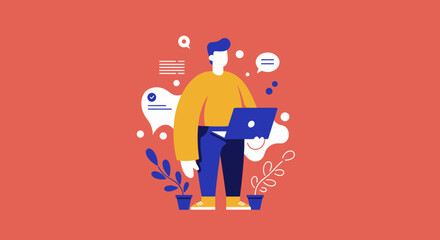 Stylized illustration of a person working on a laptop, surrounded by digital communication and task management elements. Ideal for business, technology, and online productivity concepts.