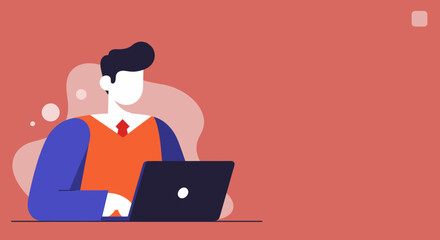 Professional illustration of a man working intently on his laptop. Represents business, remote work, online education, and digital productivity. Ample copy space.