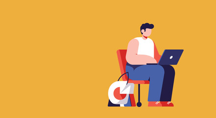Illustrated man focused on his laptop, representing modern remote work, online learning, productivity, and digital lifestyle solutions.