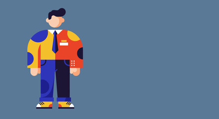 Stylized illustration of a person representing the balance between formal professional work and casual personal life. Concept of versatility or dual roles in business and lifestyle.