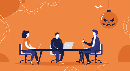 Business professionals collaborating at a Halloween-themed office meeting. Festive corporate environment combining work and seasonal celebration.