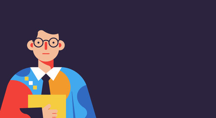 Modern flat design illustration of a young professional man in glasses holding a document, suitable for business, education, or technology concepts.
