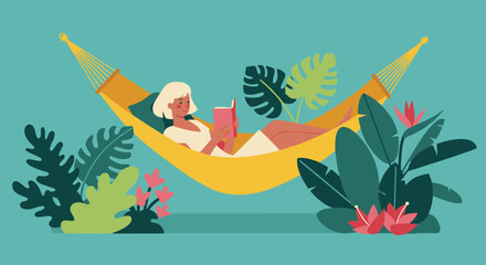 Fototapeta na wymiar Woman reading book while relaxing in hammock surrounded by plants Suitable for wellbeing, leisure and lifestyle marketing