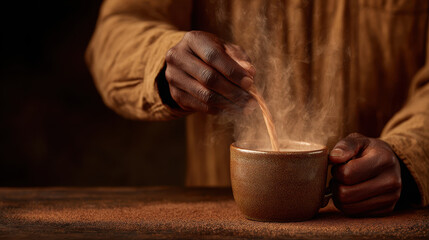 Still life scene captures warm hand stirring steaming cup of hot chocolate evoking cozy autumn and halloween feelings