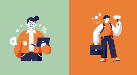 A vibrant flat design illustration showcasing two professional men representing different aspects of web design and marketing, perfect for presentations and landing pages.