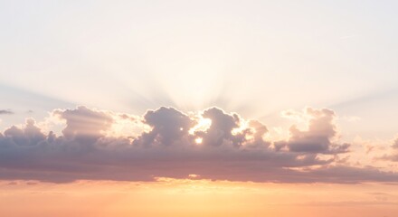 穏やか夕焼け空 輝く太陽光線 美しい雲海. AI Generated