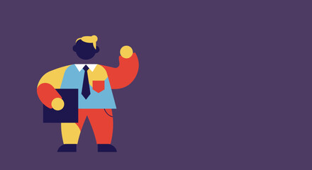 Stylized geometric illustration of a confident businessman holding an object, signaling success or a new idea. Ideal for business, finance, and professional concepts.