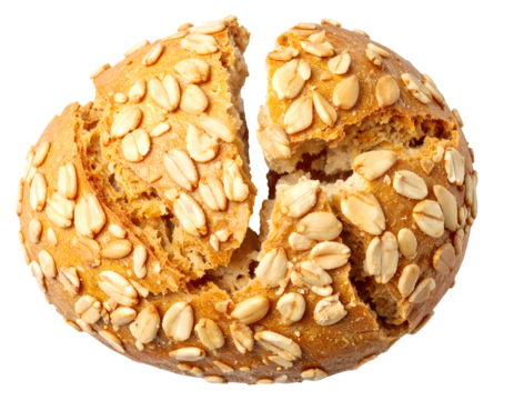 Wholegrain oat bread roll broken open showing crunchy rolled oats topping, rustic crust and soft crumb on isolated background
