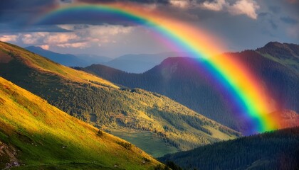 Obraz premium vibrant hues of rainbow dancing across mountain landscape serve as a vivid testament to harmonious interplay between forces of nature ethereal elements of atmosphere and profound tranquility and awe